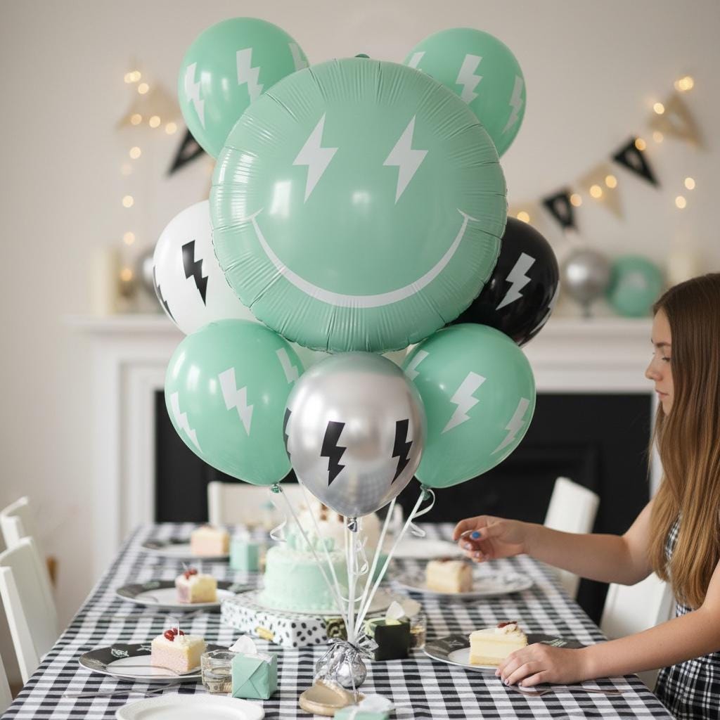 Emoji Balloon Design Mint Green Color Smiley Face Feature Lightning Eye Detail Party Room Decoration Birthday Celebration Wall Display Eighteen Inch Size Foil Material Self Seal Valve Air Filled Option Modern Trendy Look Fun Expression