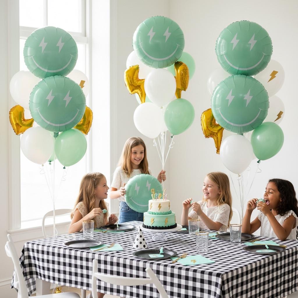 Birthday Party Supplies Mint Green Balloon Smiley Face Design Lightning Eye Emoji Cute Expression Wall Decoration Room Display Eighteen Inch Size Foil Material Self Seal Valve Air Filled Option Modern Look Festive Celebration Element Trendy
