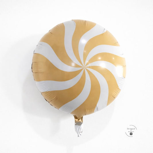 Gold Candy Balloon Swirl Design Lollipop Pattern Metallic Round Foil Eighteen Inch Mylar Spiral White Pattern Peppermint Candy Resemblance Birthday Party Decoration Sweet Shop Theme Candy Themed Celebration Dessert Table Display Ships Flat
