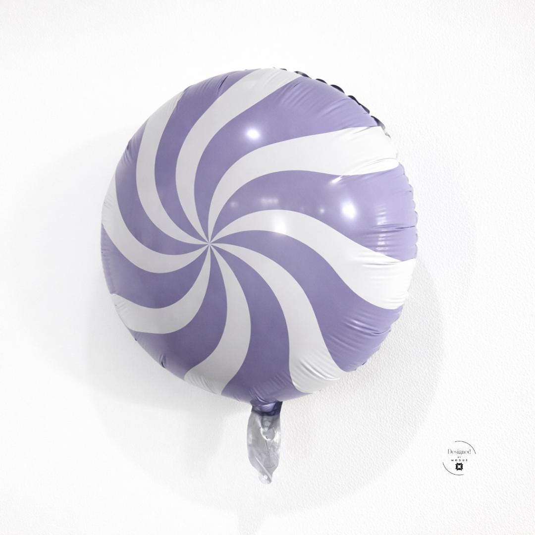 Party Decoration Balloon Candy Swirl Design Purple Foil Material White Swirl Pattern Eighteen Inch Round Shape Birthday Celebration Supplies Sweet Shop Theme Event Decor Festive Atmosphere Creator Mylar Balloon Collection Candy Themed