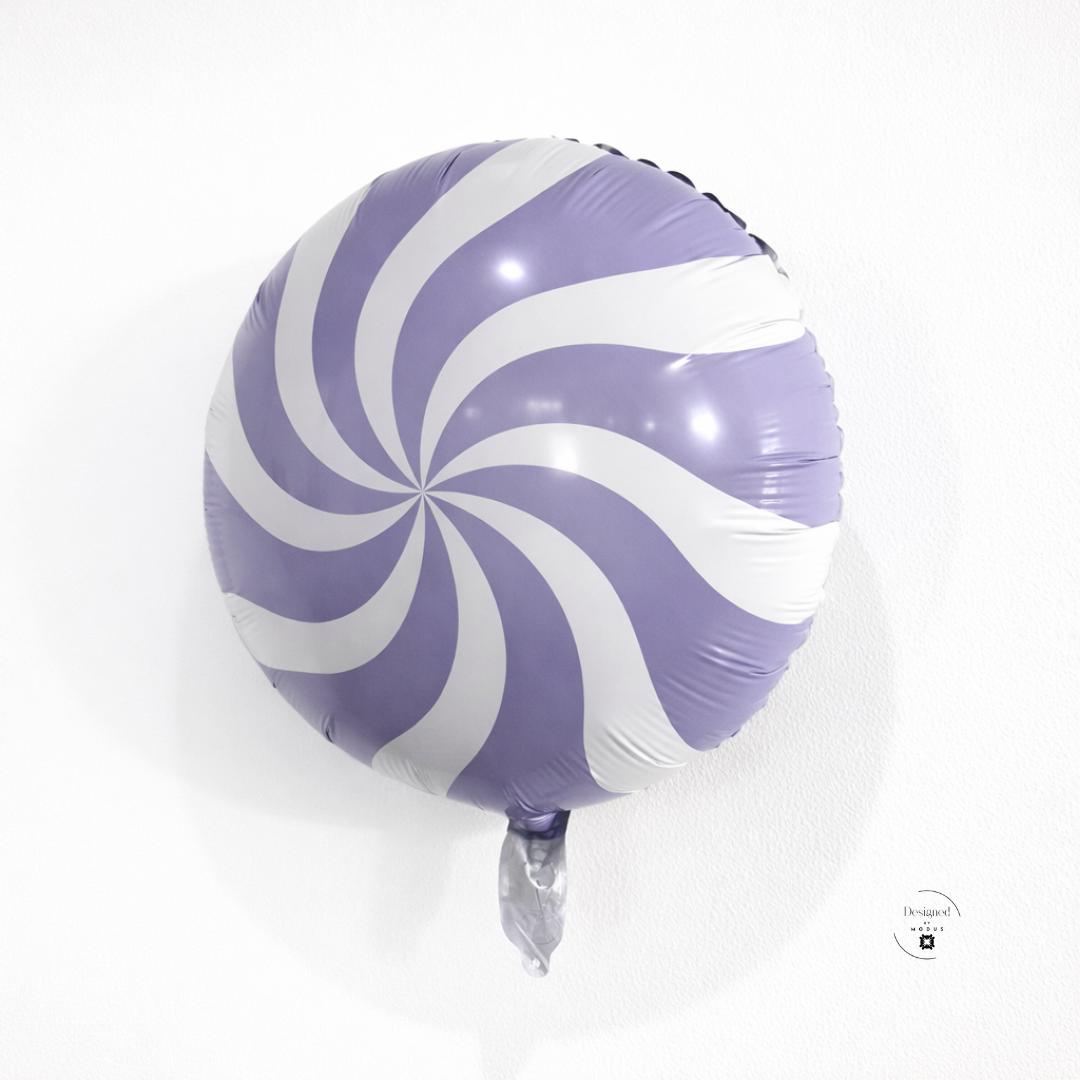 Party Decoration Balloon Candy Swirl Design Purple Foil Material White Swirl Pattern Eighteen Inch Round Shape Birthday Celebration Supplies Sweet Shop Theme Event Decor Festive Atmosphere Creator Mylar Balloon Collection Candy Themed