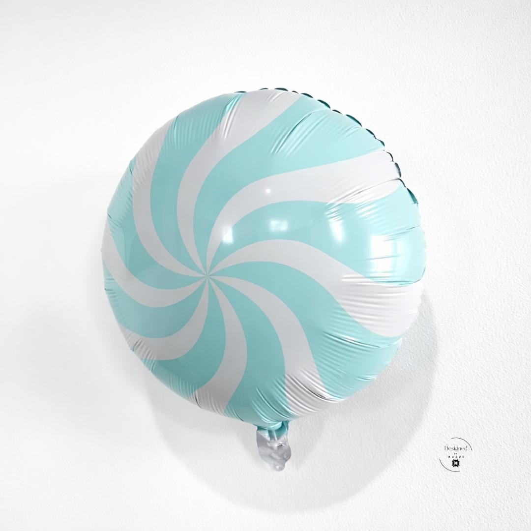 Birthday Party Balloon Mint Swirl Design Celebration Supplies Event Decoration Metallic Mylar Round Balloon Pastel Blue Pattern Spiral Design Party Accent Photo Backdrop Celebration Display Eighteen Inch Size Double Sided Print Self Sealing