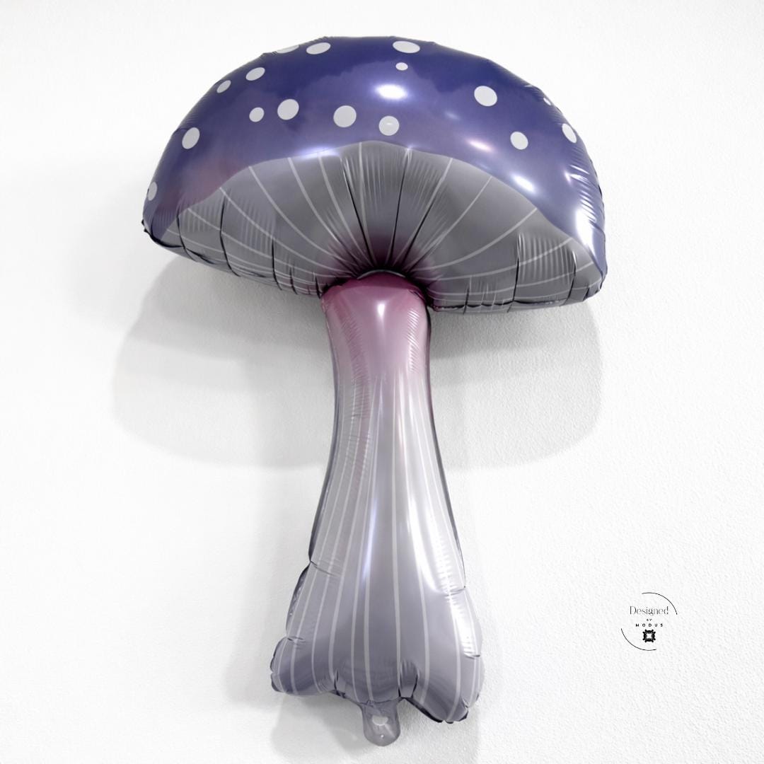 Giant Foil Balloon Purple Mushroom Design White Polka Dot Pattern Silver Stem Detail Fantasy Theme Party Whimsical Room Decoration Air Fill Option Birthday Backdrop Creation Fairy Garden Aesthetic Woodland Celebration Accessory Enchanted