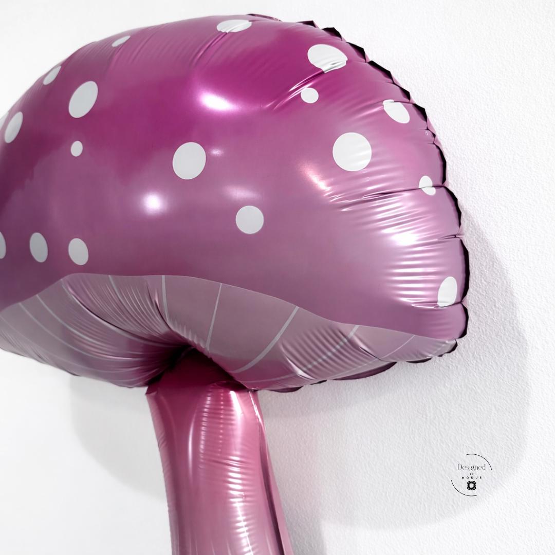 Fairy Fantasy Balloon Pink Mushroom Design Whimsical Party Decoration Giant Toadstool Shape Ombre Purple Color White Polka Dot Pattern Cottagecore Aesthetic Birthday Celebration Decor Woodland Themed Event Large Statement Piece Magical Room
