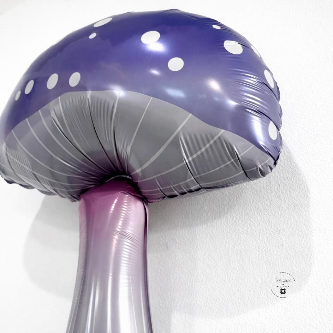 Fairy Theme Decoration Purple Mushroom Balloon Whimsical Party Accessory Fantasy Room Design Giant Foil Creation White Polka Dot Pattern Silver Stem Detail Birthday Backdrop Option Air Fill Balloon Woodland Decor Element Enchanted Forest