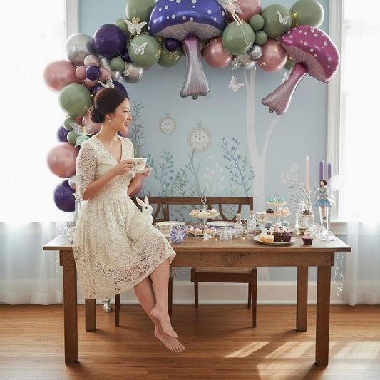 Birthday Party Decoration Purple Mushroom Balloon Fantasy Theme Accessory Whimsical Room Design Giant Foil Creation White Polka Dot Pattern Silver Stem Detail Air Fill Option Fairy Garden Element Woodland Celebration Aesthetic Enchanted