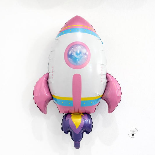 Rocket Ship Balloon Space Theme Birthday Celebration NASA Astronaut Party Supply 29 Inch Mylar Foil Construction Pink Fins Blue Yellow Stripes Purple Flames Galaxy Window Design Perfect Kids Birthday Gift Outer Space Explorer Theme STEM