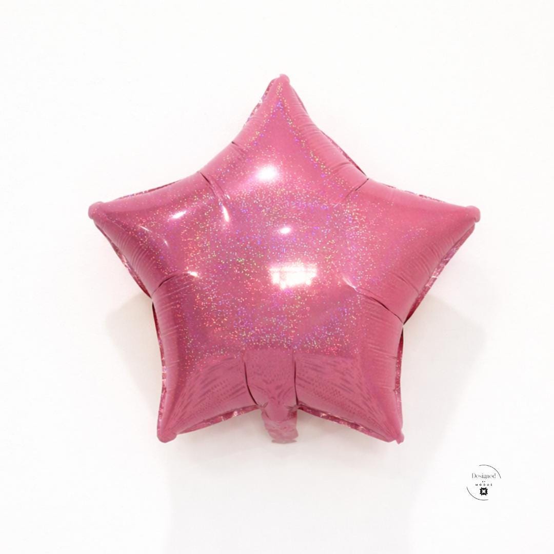 Shimmering Star Balloon Pink Holographic Design Party Photo Backdrop Prop Eighteen Inch Mylar Material Metallic Finish Reflective Surface Birthday Celebration Essential Baby Shower Decoration Ceiling Hanging Display Event Photography