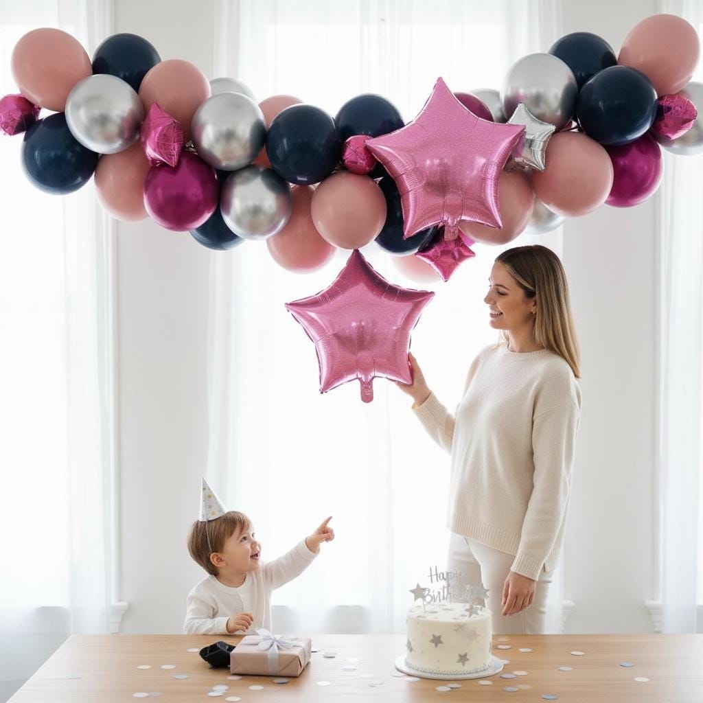 Metallic Pink Star Holographic Balloon Party Decoration Eighteen Inch Size Celebration Backdrop Creator Photo Prop Essential Baby Shower Decor Element Ceiling Hanging Display Reflective Surface Design Modern Aesthetic Appeal Trending Party