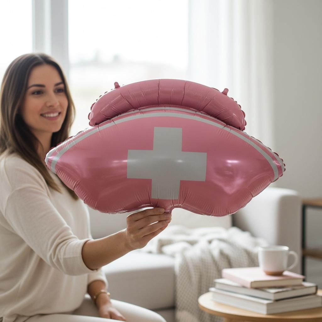 Medical Party Supply Nurse Hat Shaped Balloon Giant Pink Mylar Decoration Healthcare Celebration Accessory Nursing Graduation Event Prop 30 Inch Size White Cross Detail Self Sealing Valve Air Fill Lightweight Design Statement Piece Photo