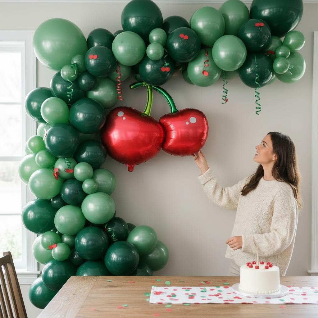 Party Decoration Cherry Balloon Fruit Themed Birthday Celebration Giant Inflatable Red Cherry Design Summer Event Decor Photo Prop Opportunity Air Fill Mylar Material Self Sealing Valve Easy Setup Display Twenty Eight Inch Size Festive
