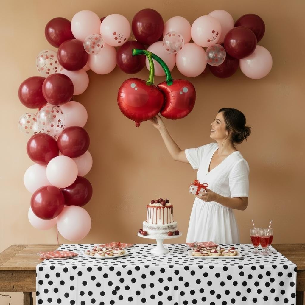 Summer Party Decoration Cherry Balloon Red Fruit Themed Inflatable Mylar Material Green Stem Design Birthday Celebration Photo Prop Air Fill Only Self Sealing Valve Twenty Eight Inch Size Event Backdrop Statement Piece Room Enhancement