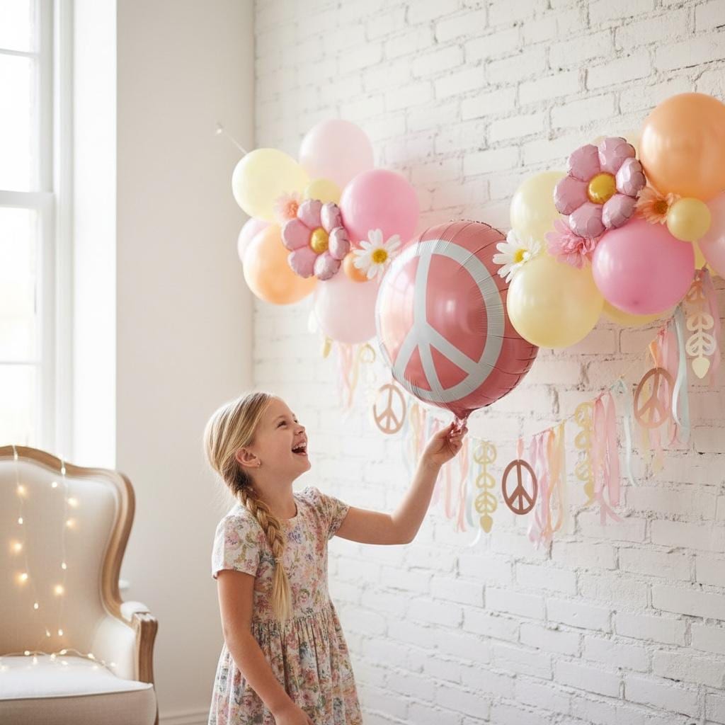 Hippie Style Balloon Peace Sign Symbol Coral Pink Mylar Metallic Finish Retro Party Decoration Eighteen Inch Round Wall Display Photo Backdrop Event Supplies Vintage Theme Celebration Boho Decor White Peace Symbol Single Balloon Festival