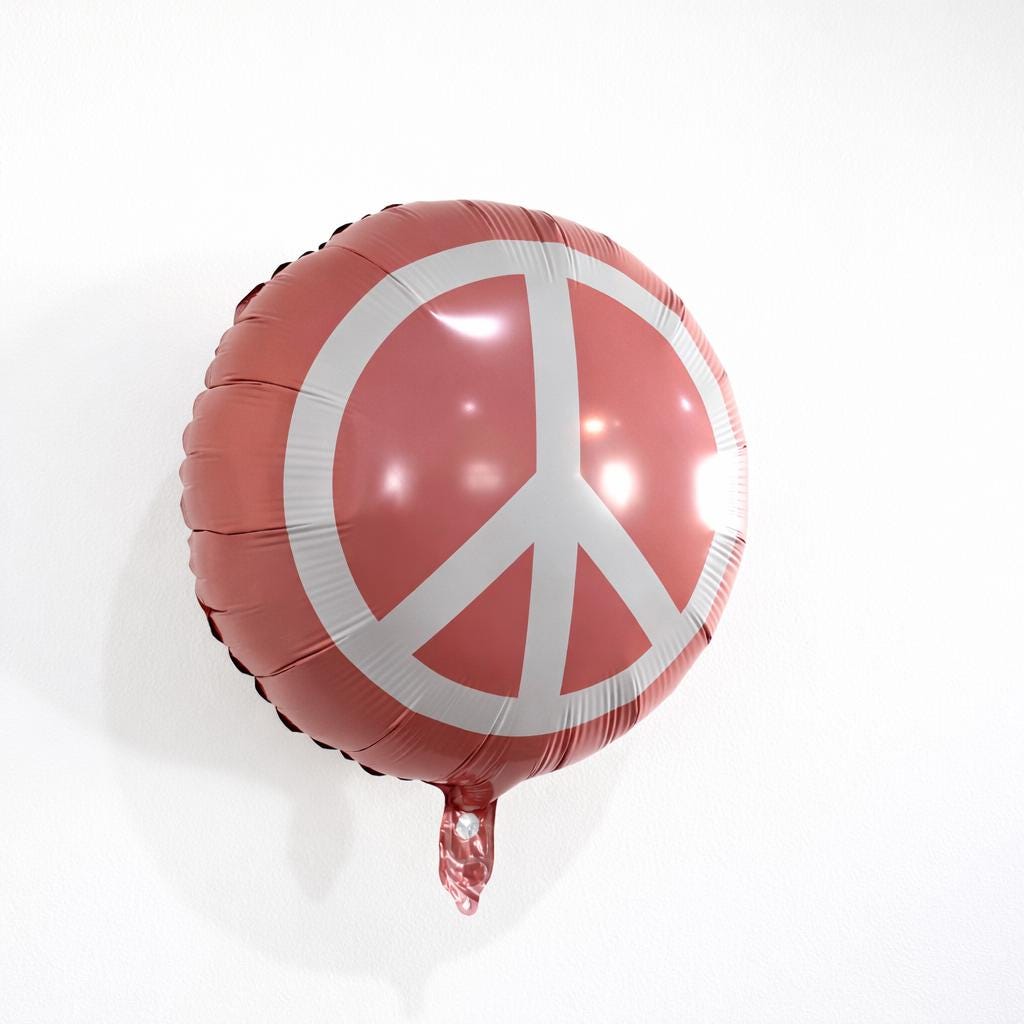 Peace Sign Balloon Retro Style Hippie Party Decoration Coral Pink Mylar Metallic Finish Round Symbol Wall Display Eighteen Inch Flat Shipping Vintage Theme Celebration Event Supplies Photo Backdrop Boho Decor White Peace Symbol Inflation