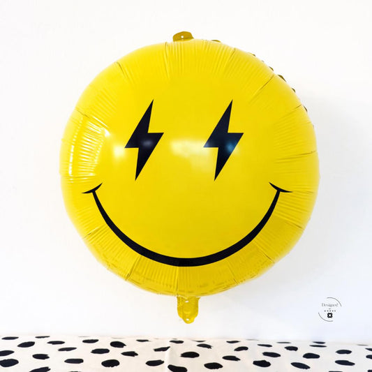 Yellow Smiley Balloon Mylar Foil Material Emoji Style Face Happy Expression Lightning Eyes Design Birthday Party Decoration Celebration Supplies Large Round Eighteen Inch Size Festive Event Decor Room Accent Photo Prop Background Element