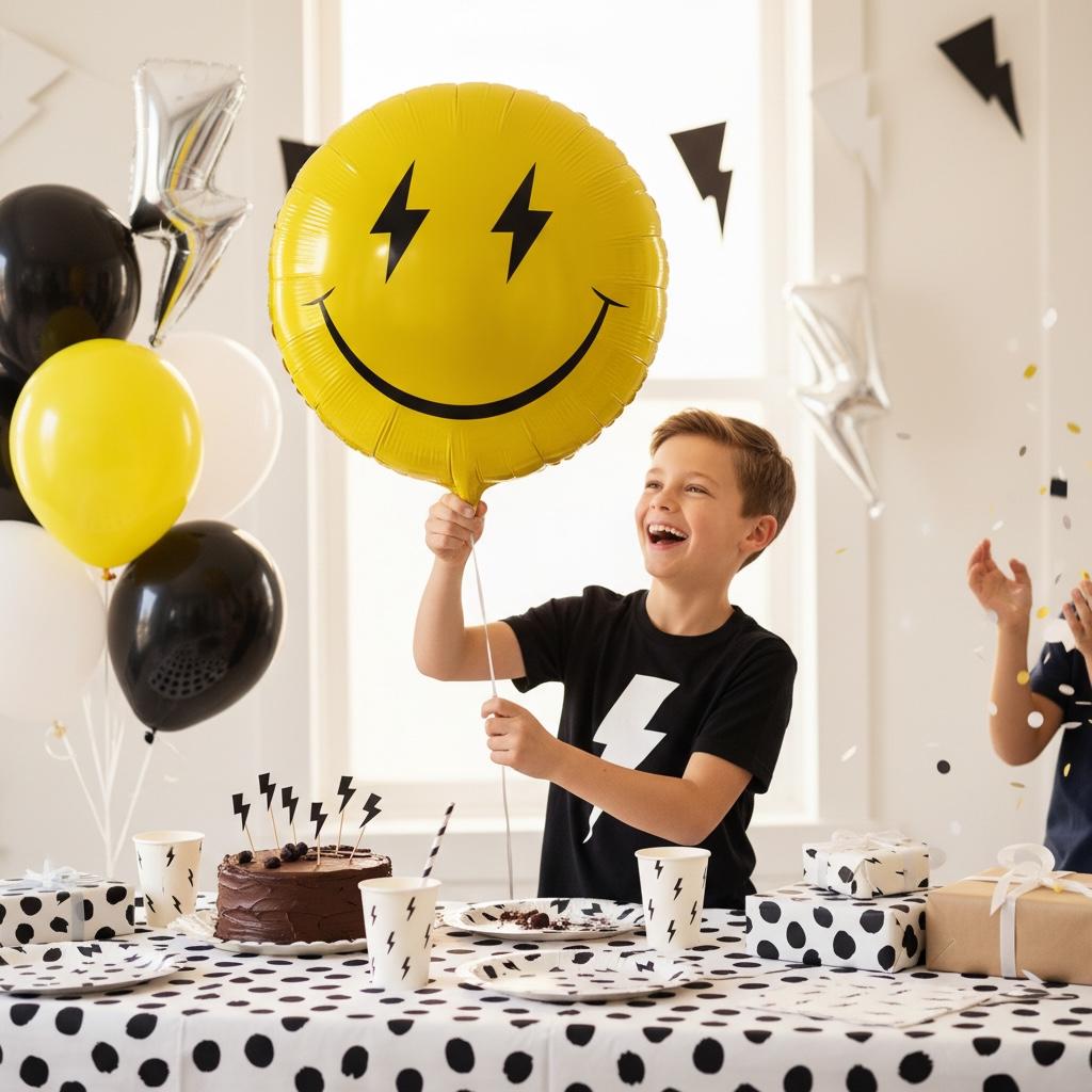 Birthday Celebration Balloon Yellow Smiley Face Design Lightning Eyes Expression Emoji Style Character Mylar Foil Material Eighteen Inch Size Party Decoration Supplies Festive Event Decor Room Accent Happy Mood Setting Photo Prop Background