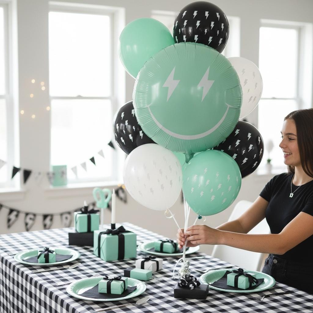 Wall Decoration Balloon Mint Green Color Smiley Face Design Lightning Eye Detail Emoji Expression Party Room Decor Birthday Celebration Eighteen Inch Size Foil Material Self Seal Valve Air Filled Option Modern Look Trendy Party Supplies
