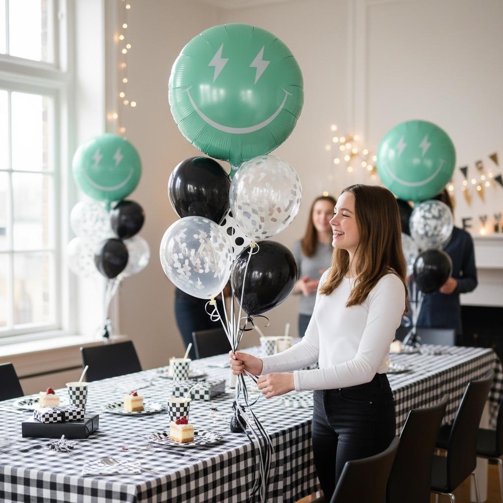 Modern Mint Green Balloon Smiley Face Design Lightning Eye Detail Emoji Expression Party Decoration Room Decor Birthday Celebration Wall Display Eighteen Inch Size Foil Material Self Seal Valve Air Filled Option Trendy Look Festive Supplies