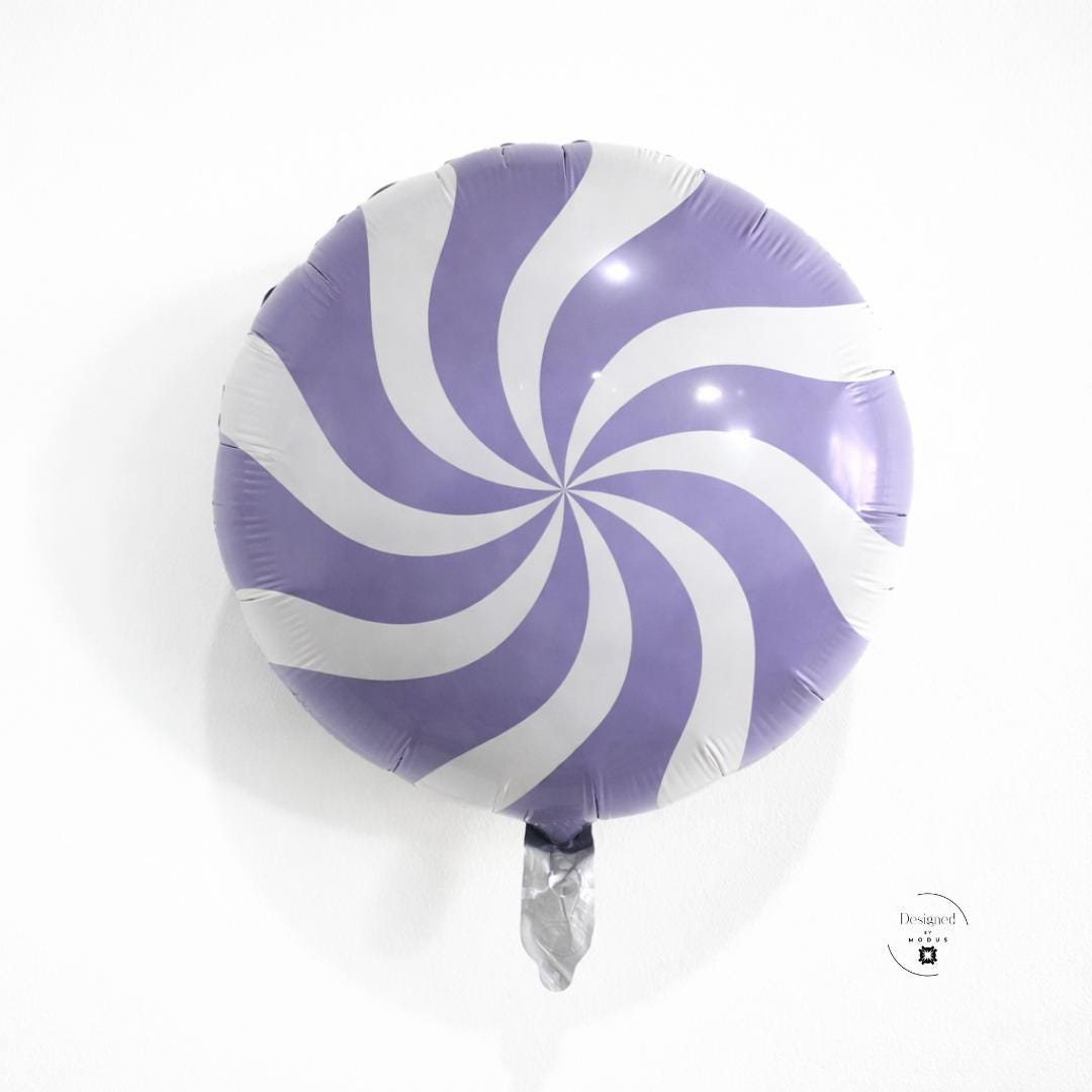 Candy Swirl Balloon Purple White Design Foil Mylar Material Round Eighteen Inch Party Decoration Birthday Celebration Sweet Shop Theme Festive Event Decor Candy Themed Party Supplies Colorful Balloon Pack Air Fill Option Candy Pattern