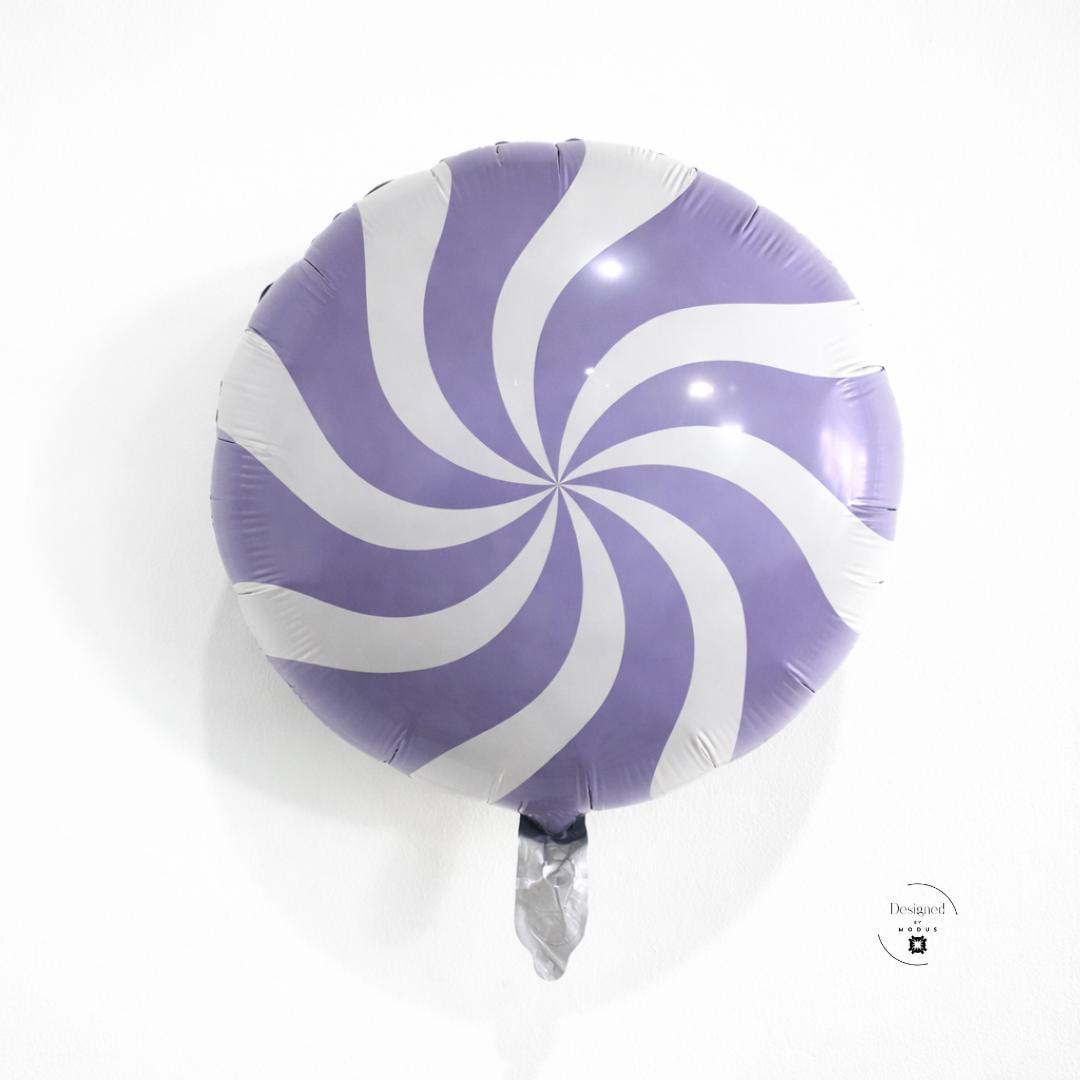 Candy Swirl Balloon Purple White Design Foil Mylar Material Round Eighteen Inch Party Decoration Birthday Celebration Sweet Shop Theme Festive Event Decor Candy Themed Party Supplies Colorful Balloon Pack Air Fill Option Candy Pattern