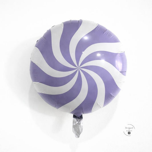 Candy Swirl Balloon Purple White Design Foil Mylar Material Round Eighteen Inch Party Decoration Birthday Celebration Sweet Shop Theme Festive Event Decor Candy Themed Party Supplies Colorful Balloon Pack Air Fill Option Candy Pattern