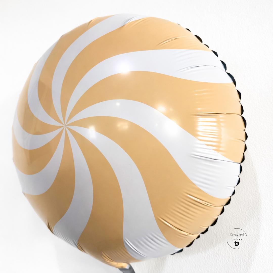 Metallic Spiral Balloon Gold White Swirl Pattern Round Foil Design Candy Themed Decoration Lollipop Style Party Accent Birthday Celebration Decor Sweet Shop Event Display Dessert Table Centerpiece Peppermint Candy Resemblance Eighteen Inch