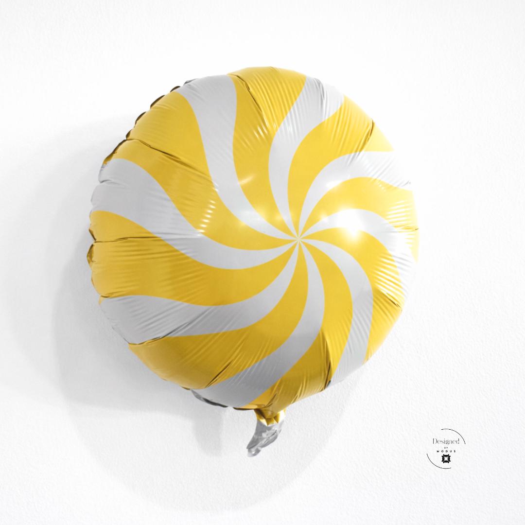 Yellow Mylar Balloon Candy Swirl Pattern Eighteen Inch Round Design Birthday Party Decoration Sweet Shop Theme Celebration Supplies Air Fill Only Non Helium Required Ships Flat Ready To Inflate Candy Land Inspired Decorative Element Festive