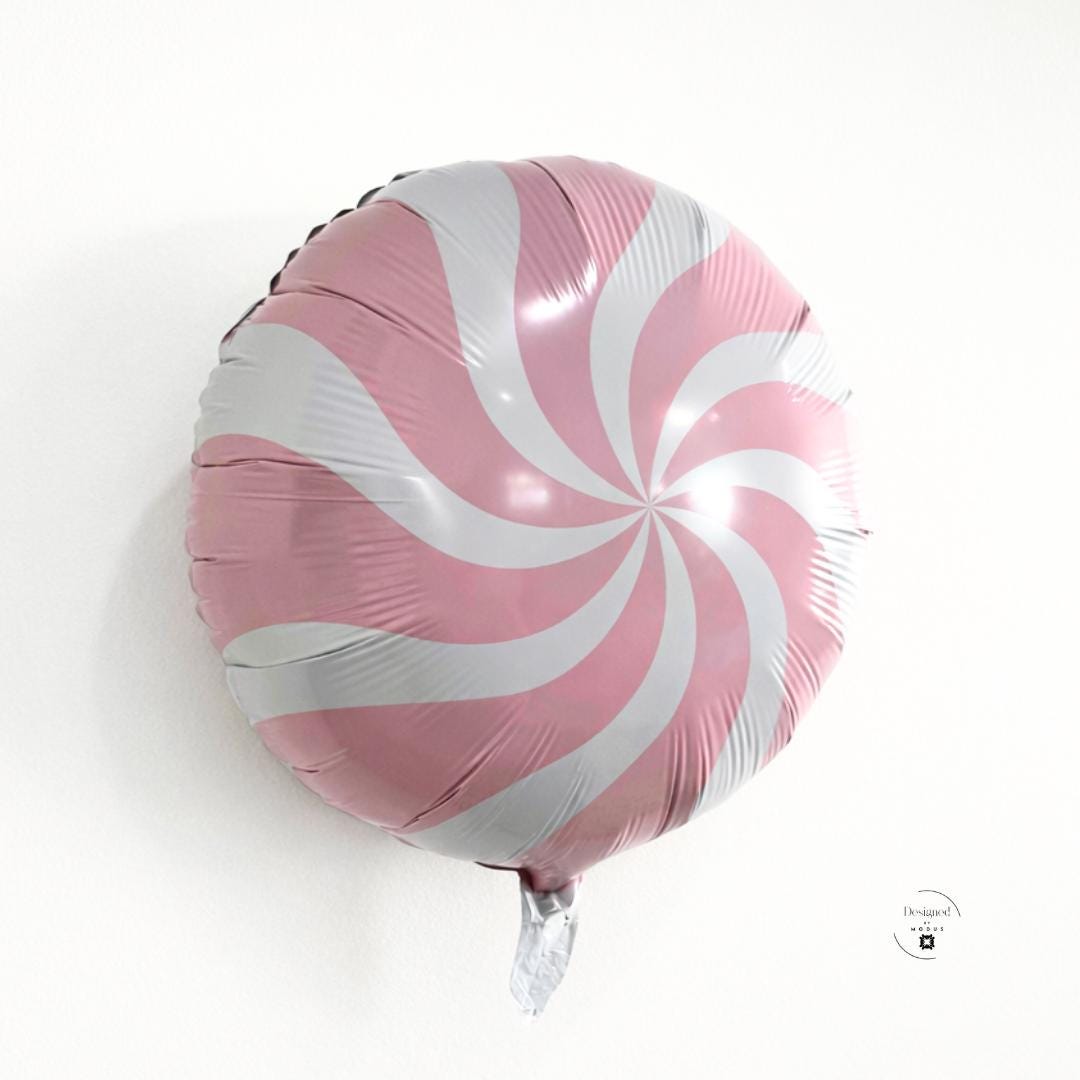 Party Decoration Balloon Candy Swirl Pattern Pink White Theme Birthday Celebration Wall Display Ceiling Installation Mylar Round Design Eighteen Inch Size Air Fill Option No Helium Required Event Supplies Festive Atmosphere Creator Colorful