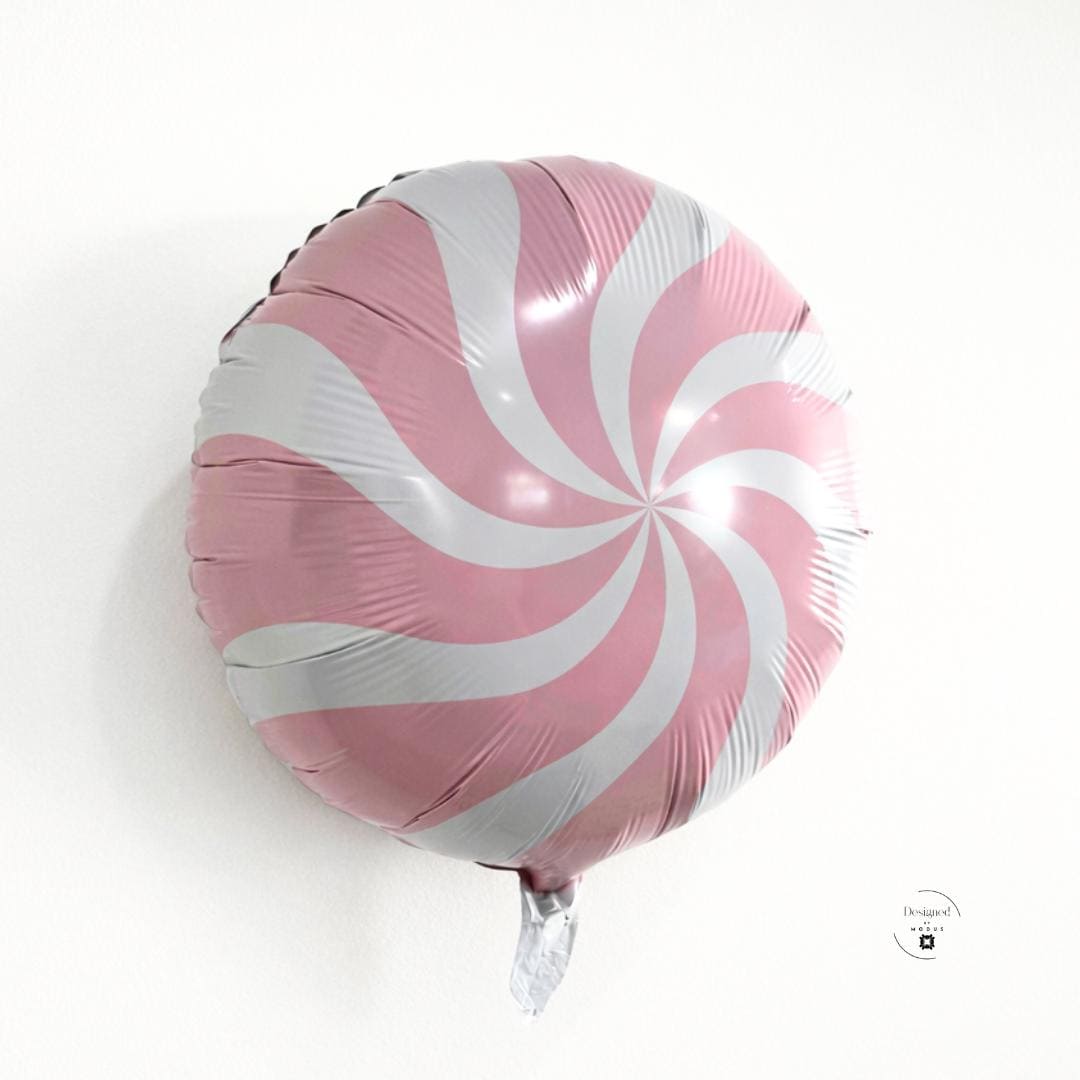 Party Decoration Balloon Candy Swirl Pattern Pink White Theme Birthday Celebration Wall Display Ceiling Installation Mylar Round Design Eighteen Inch Size Air Fill Option No Helium Required Event Supplies Festive Atmosphere Creator Colorful