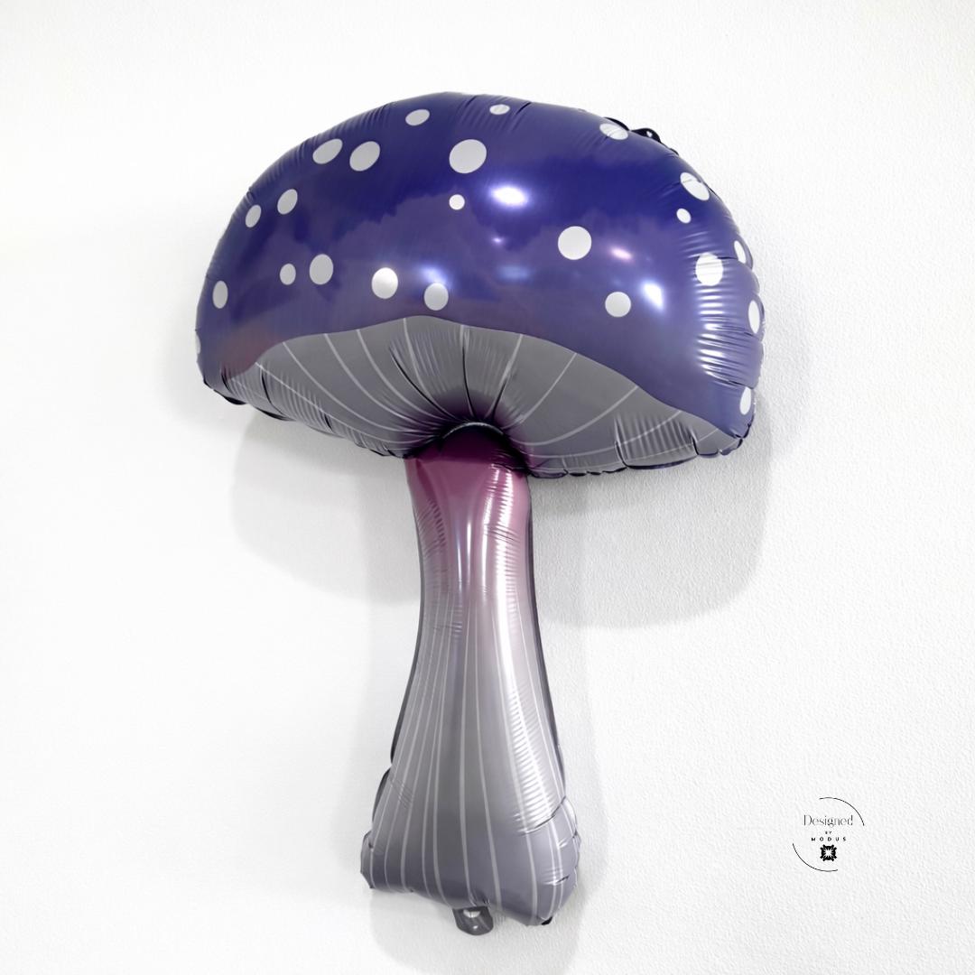 Purple Mushroom Balloon Giant Foil Design White Polka Dot Pattern Silver Stem Detail Fantasy Theme Decoration Whimsical Room Accessory Party Decor Element Air Fill Option Birthday Backdrop Creation Fairy Garden Aesthetic Woodland Party