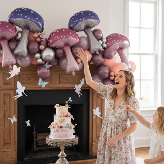 Giant Mushroom Balloon Pink Purple Ombre Large Party Decoration Thirty Five Inches Tall Whimsical Fantasy Design Room Decor Statement Piece Fairy Themed Event Supply Woodland Party Accessory Cottagecore Aesthetic Birthday Celebration