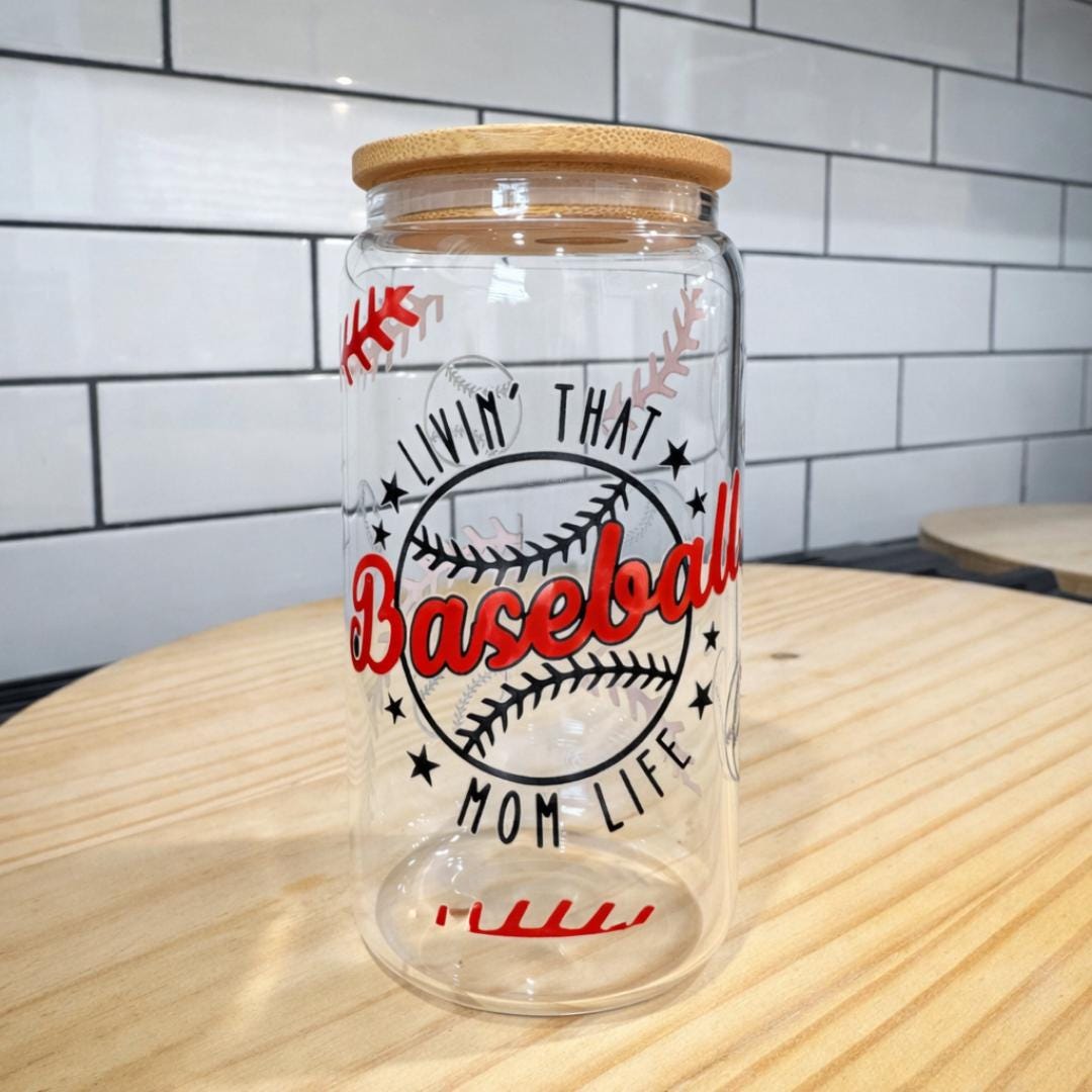 Glass Cup Bamboo Lid Baseball Mom Tumbler Travel Mug Wristlet Design Portable Beverage Container Reusable Drinking Accessory Sports Theme Gift Idea Red Black Baseball Elements Sixteen Ounce Capacity Team Mom Essential Game Day Companion