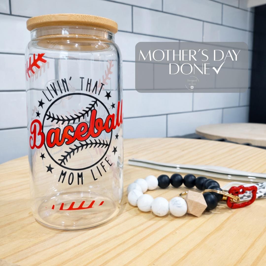 Baseball Mom Tumbler Glass Cup Bamboo Lid Travel Mug Wristlet Design Sports Theme Gift Idea Portable Beverage Container Reusable Drinking Accessory Sixteen Ounce Capacity Red Black Baseball Elements Team Mom Essential Game Day Companion