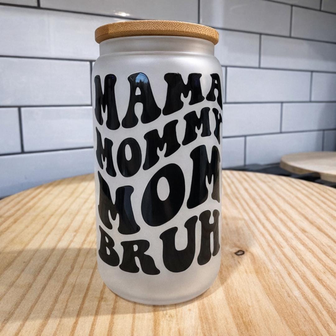 Mom Tumbler Glass Straw Wavy Cup Design Kitty Clip Beaded Wristlet Drinkware Gift Mothers Day Drinking Vessel Frosted Mama Mommy Humor Bruh
