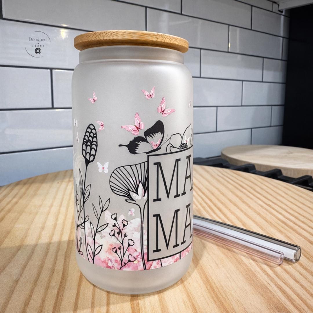 Personalized mama glass can tumbler frosted finish floral wrap butterfly design bamboo lid straw aesthetic mothers day gift