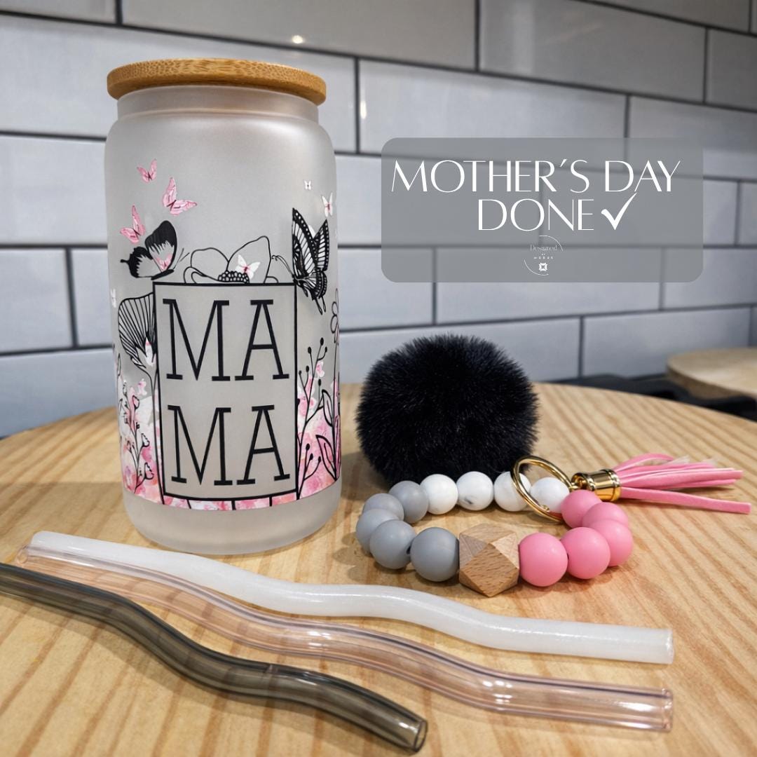 Frosted glass 16oz tumbler with bamboo lid mama floral design butterfly pink accents reusable iced coffee cup gift for mom