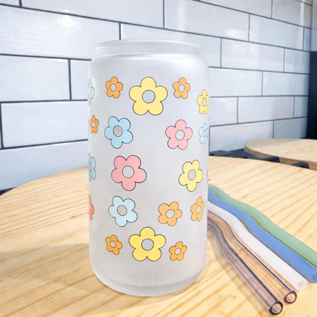 Mom Club Frosted Glass Tumbler: Retro Floral Iced Coffee Cup (16oz)