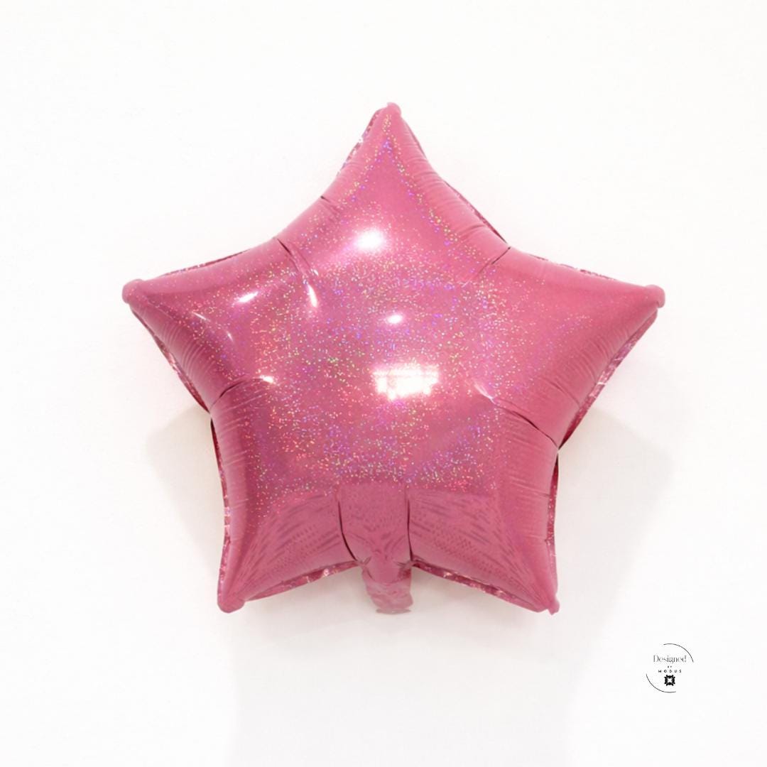 Ceiling Hanging Decoration Pink Star Balloon Holographic Finish Mylar Foil Material Eighteen Inch Size Birthday Party Supply Celebration Backdrop Element Photo Prop Accessory Baby Shower Essential Metallic Reflective Surface Self Sealing