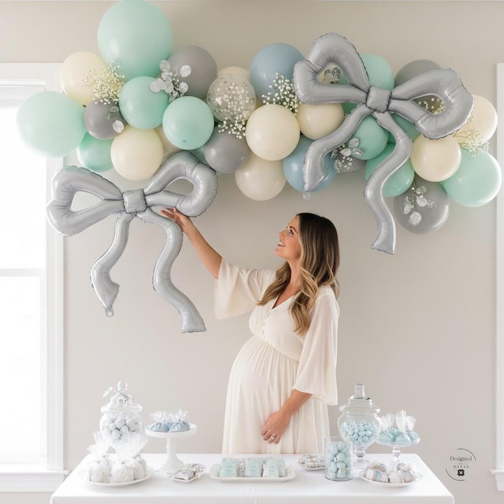 Metallic Bow Balloon Silver Celebration Decoration Wedding Party Accessory Birthday Event Display Giant Foil Design Classic Ribbon Shape Anniversary Decor Element Bridal Shower Addition Baby Celebration Accent Photo Background Prop Festive