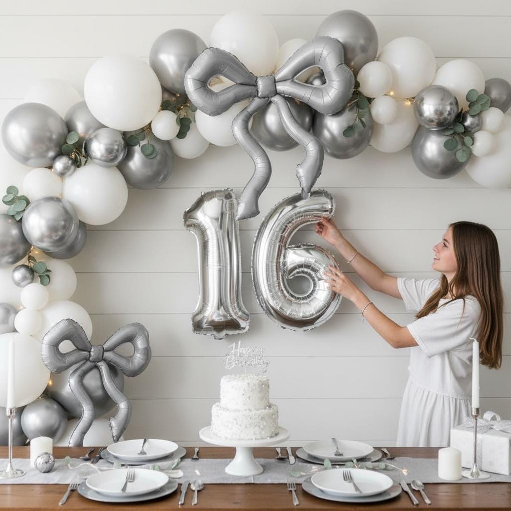 Elegant Silver Balloon Bow Design Celebration Centerpiece Metallic Foil Construction Giant Party Decoration Wedding Event Accessory Classic Ribbon Shape Display Element Birthday Backdrop Piece Festive Arrangement Addition Special Occasion