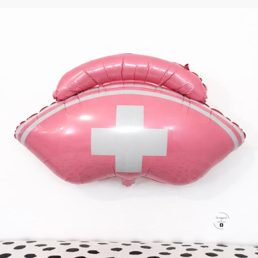 Giant Nurse Hat Balloon Pink Mylar Decoration Nursing Graduation Party Supply Medical Themed Celebration Healthcare Professional Achievement Recognition Ceremony Prop Photo Backdrop Statement Piece Large 30 Inch Foil Design White Cross