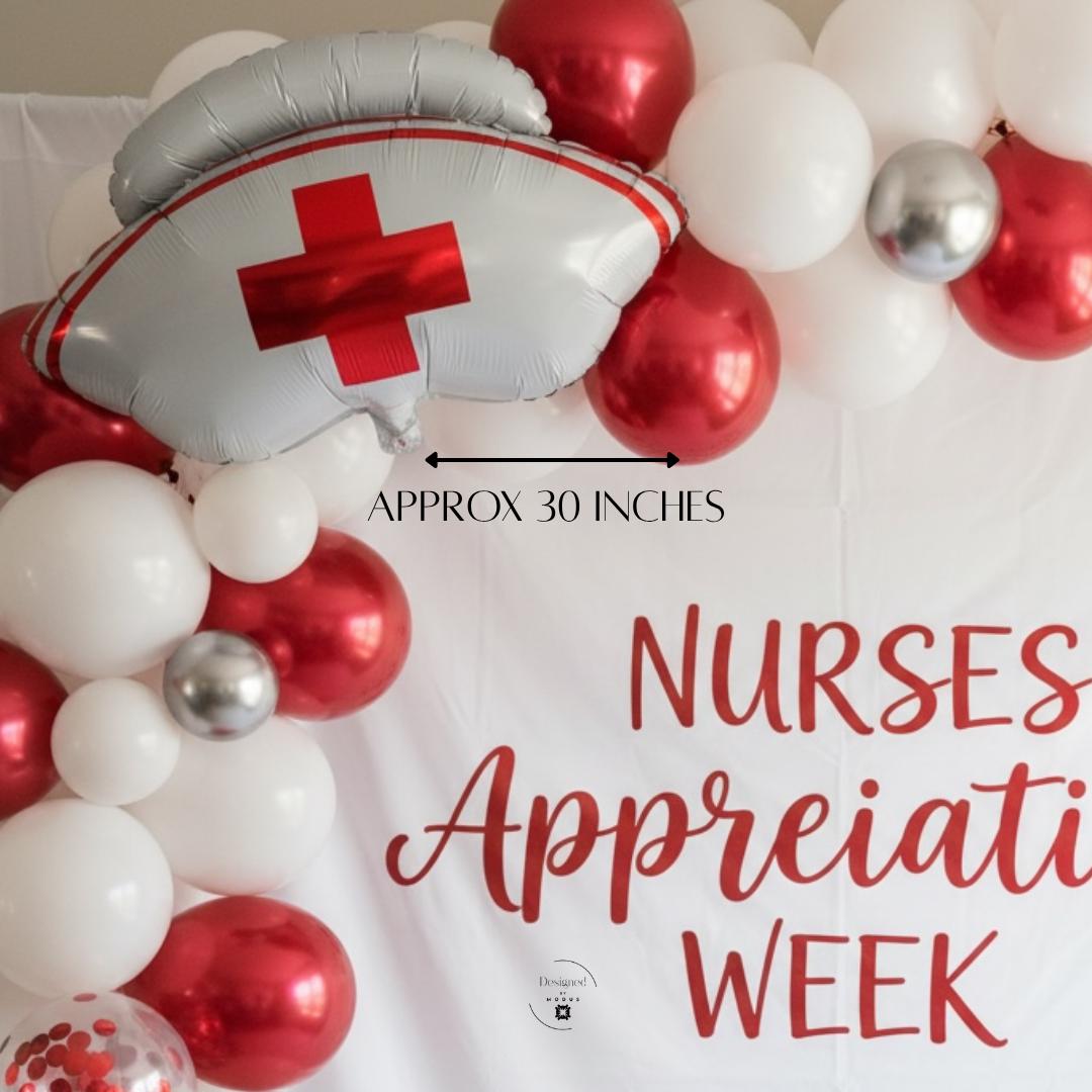 White Nurse Cap Balloon Medical Theme Decoration Giant Mylar Foil Material Red Cross Symbol Nursing Graduation Prop Thirty Inch Size Lightweight Party Supply Healthcare Professional Gift Hospital Event Accessory Celebration Decor School