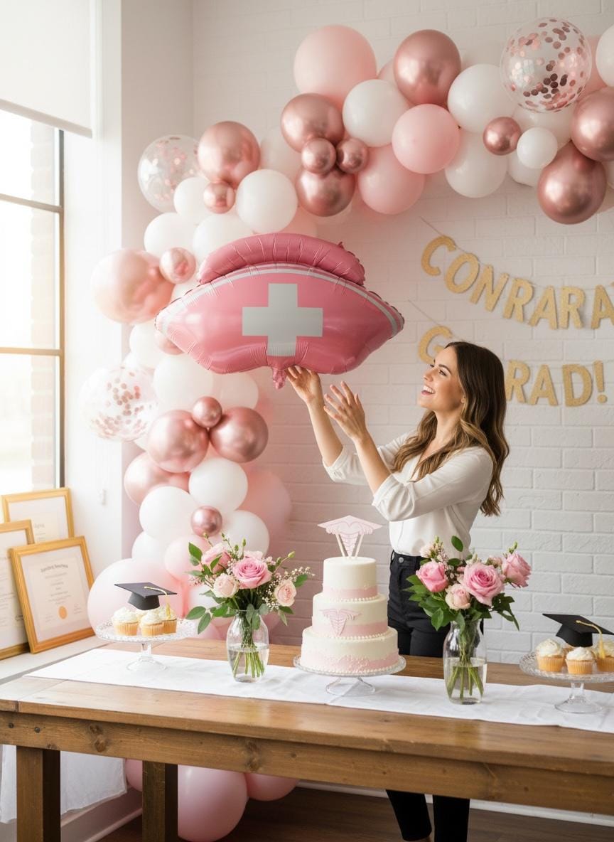 Nursing Graduation Decoration Giant Nurse Hat Balloon Pink Mylar Foil Material 30 Inch Size Statement Piece Medical Cross Design Healthcare Celebration Accessory Professional Achievement Recognition Party Supply Photo Backdrop Creator