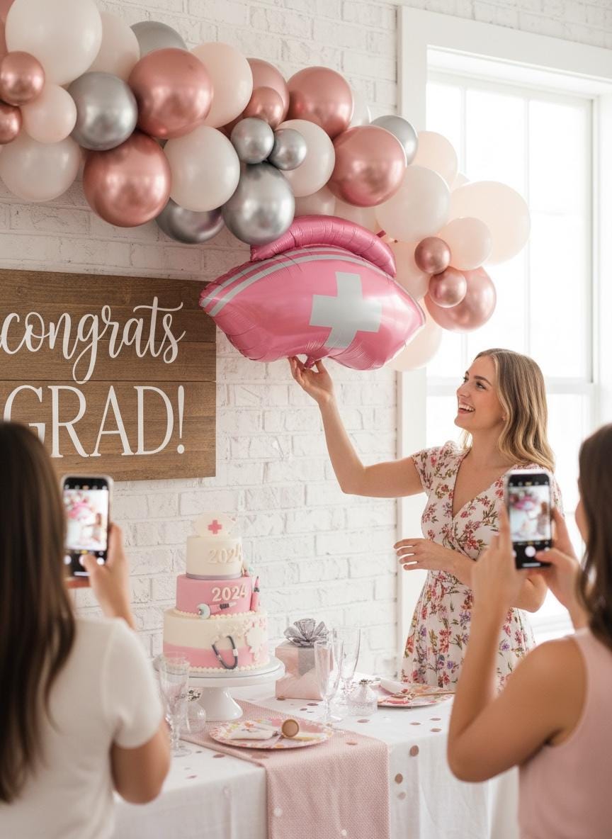 Pink Mylar Nurse Hat Giant Balloon 30 Inch Size Medical Cross Design Lightweight Foil Material Self Sealing Valve Air Fill Only Ships Flat Professional Looking Decoration Nursing School Graduation Party Supply Healthcare Celebration