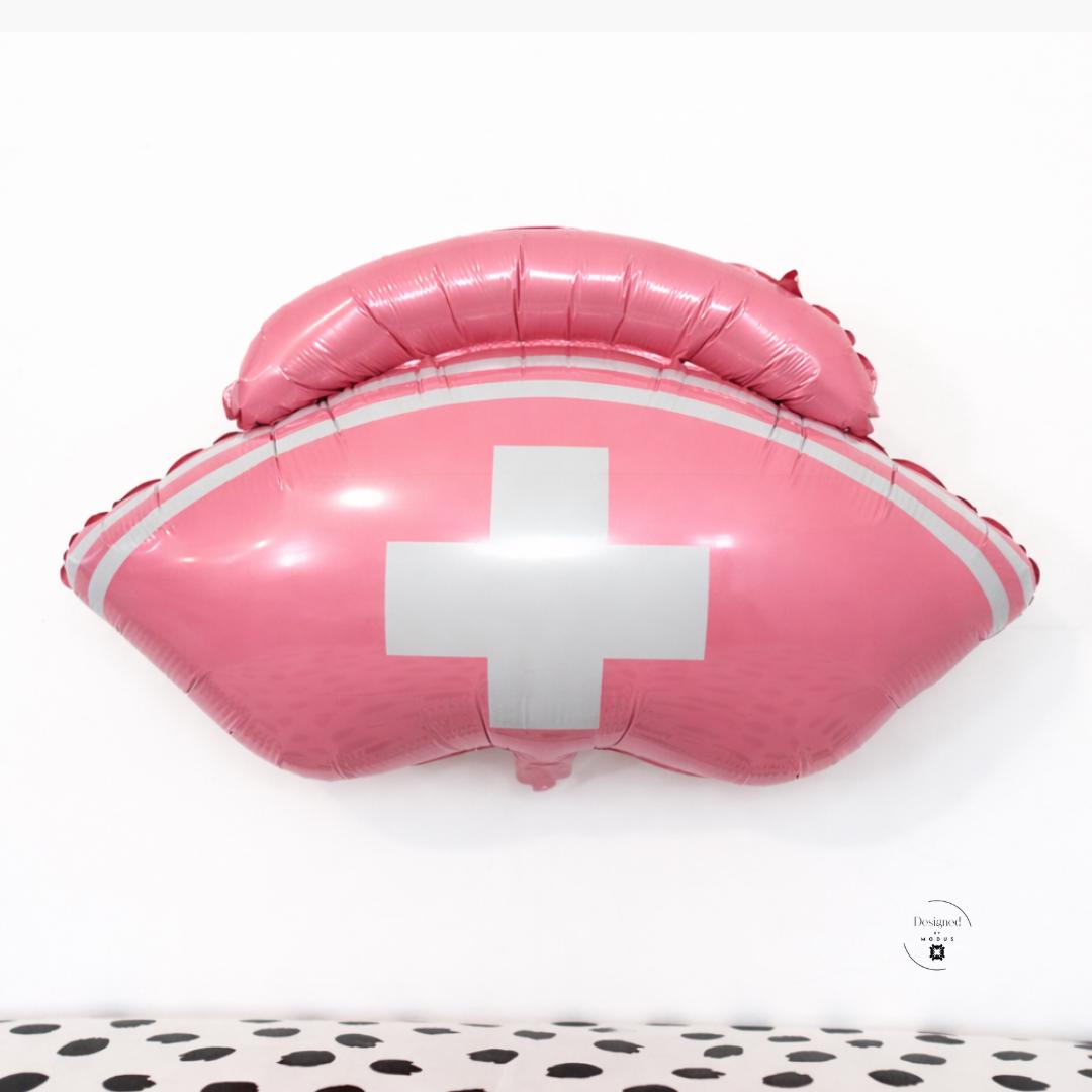 Nursing Graduation Decoration Giant Nurse Hat Balloon Pink Mylar Foil Material 30 Inch Size Statement Piece Medical Cross Design Healthcare Celebration Accessory Professional Achievement Recognition Party Supply Photo Backdrop Creator
