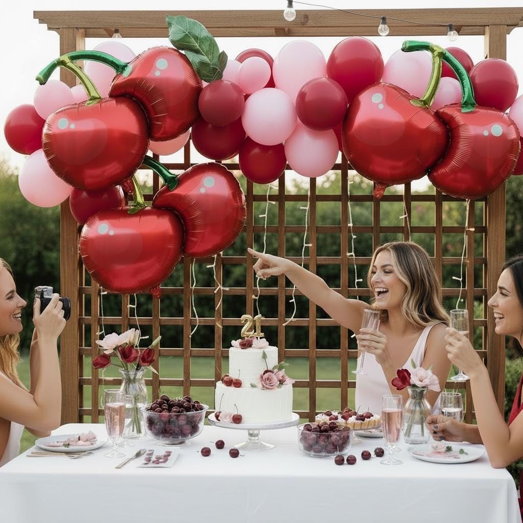Summer Party Decoration Cherry Balloon Red Fruit Themed Inflatable Mylar Material Green Stem Design Birthday Celebration Photo Prop Air Fill Only Self Sealing Valve Twenty Eight Inch Size Event Backdrop Statement Piece Room Enhancement