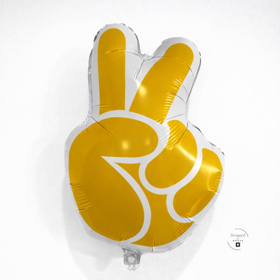 Yellow Peace Sign Balloon: Metallic Hand Gesture Party Decoration (47cm x 64cm)