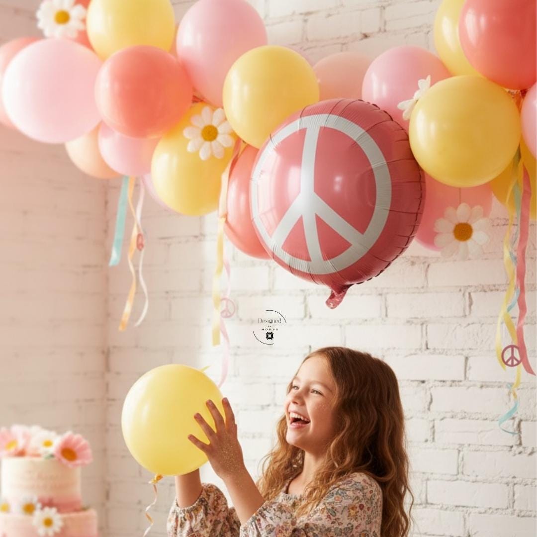 Eighteen Inch Balloon Peace Sign Symbol Mylar Metallic Finish Coral Pink Background White Symbol Design Retro Hippie Style Party Decoration Wall Display Photo Backdrop Single Balloon Ships Flat Inflation Ready Event Supplies Birthday