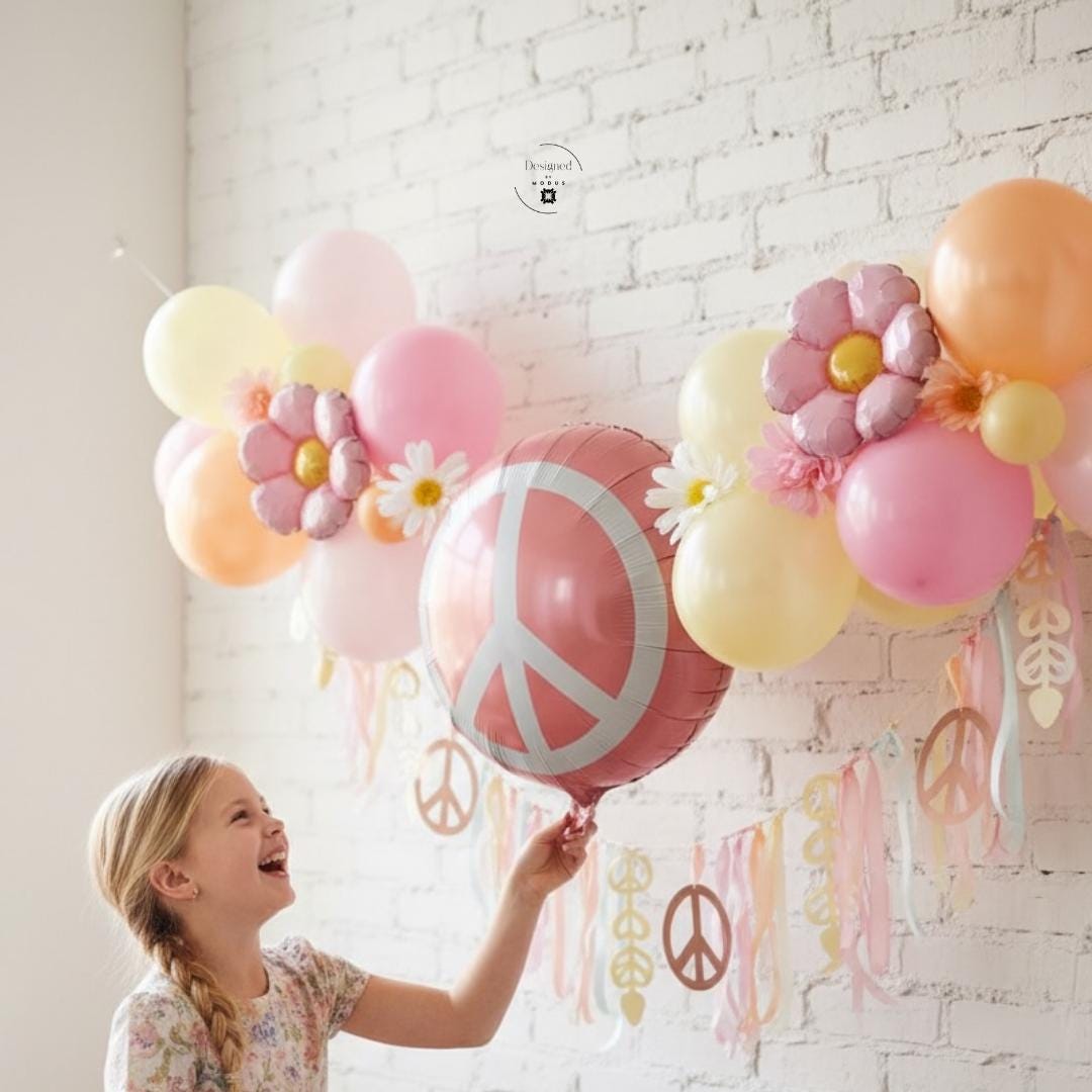 Party Decoration Balloon Peace Sign Symbol Retro Hippie Style Coral Pink Background White Symbol Design Mylar Metallic Finish Eighteen Inch Round Flat Shipping Event Supplies Wall Display Photo Backdrop Birthday Celebration Vintage Theme