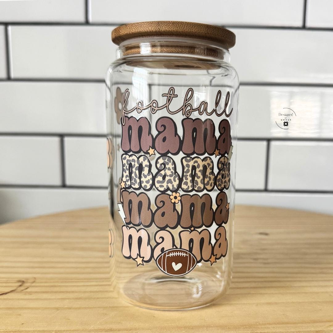 Glass Tumbler Bamboo Lid Football Mama Design Leopard Print Drinkware Sports Mom Cup Sixteen Ounce Capacity Brown Pink Lettering Glass Straw Included Perfect Game Day Gift Sideline Essential Mothers Day Present Team Parent Appreciation